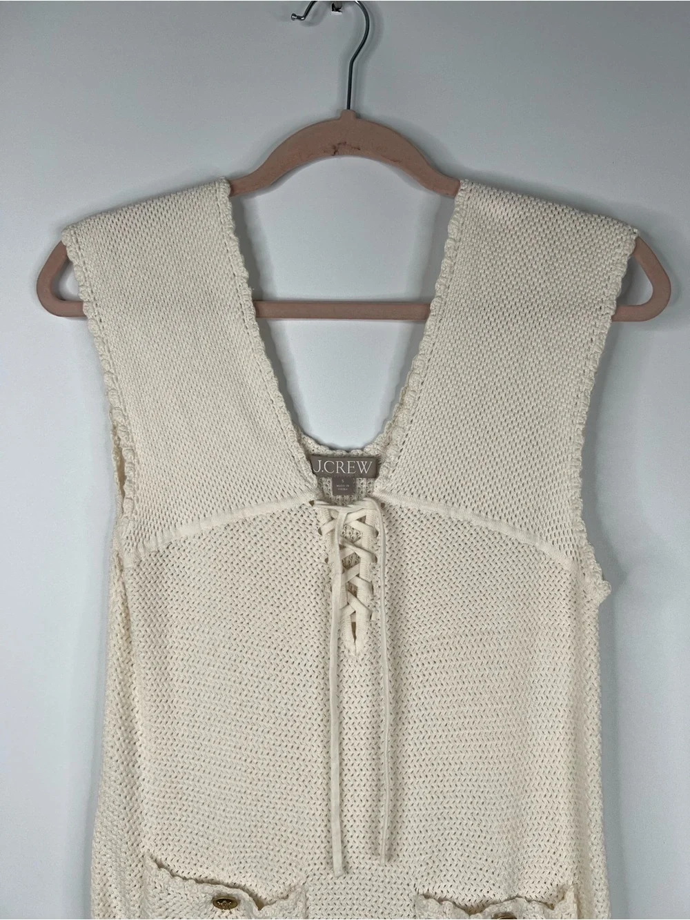 J. Crew Pointelle Lace Up Sweater Dress Cream Cover Up Knit Coastal Cotton Small